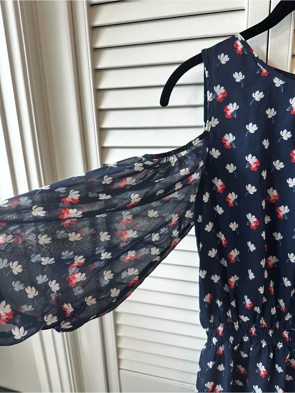 Women’s  Navy Cold-Shoulder‎ Floral Print Dress cut out shoulders sheer sleeves.
